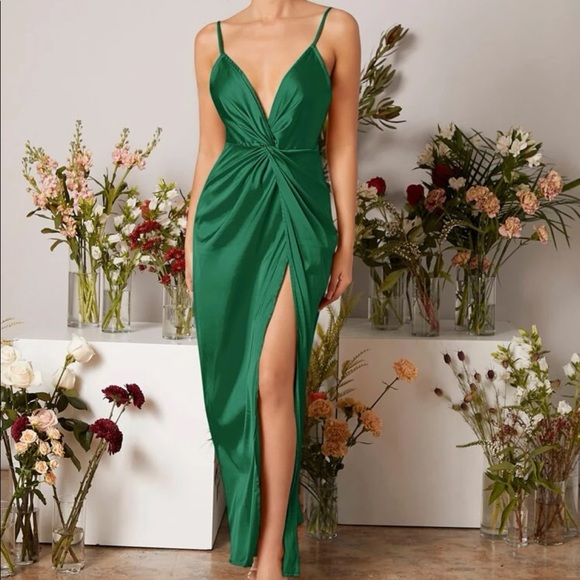 Dark Green Satin Twist Front Cami Maxi Dress New - Picture 4 of 5